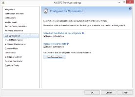 Showing the AVG PC Tuneup settings for the Live Optimization module